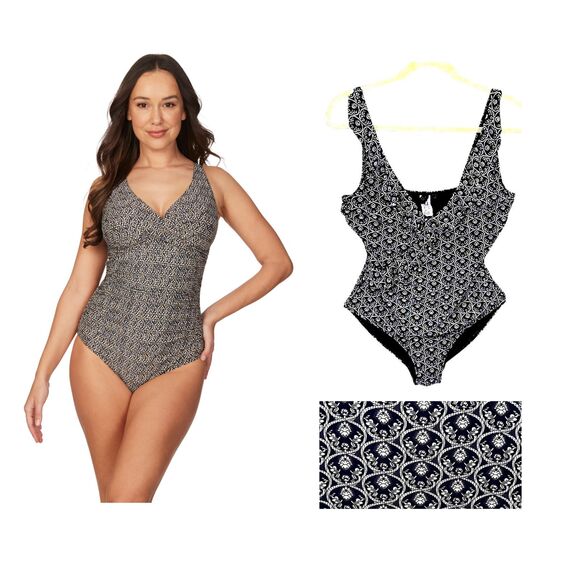 Nip Tuck Size 8 One Piece Swimsuit Blue & White Ruffle - Picture 1 of 16